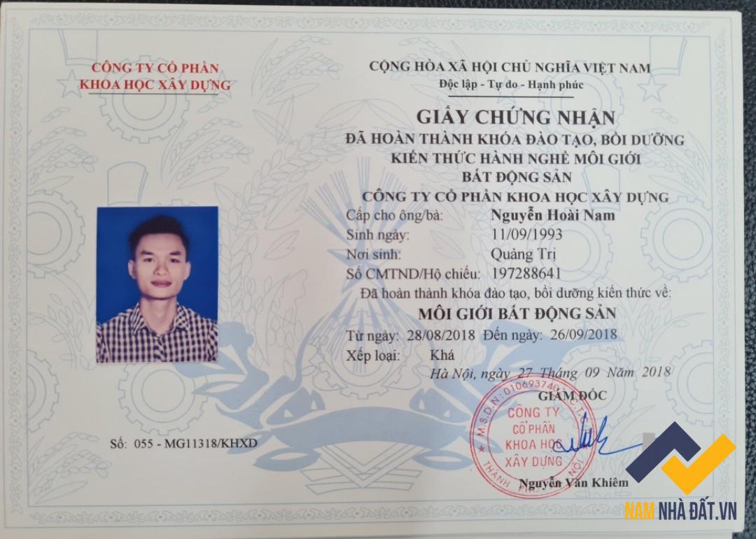 Bằng cấp về bất động sản của Nam